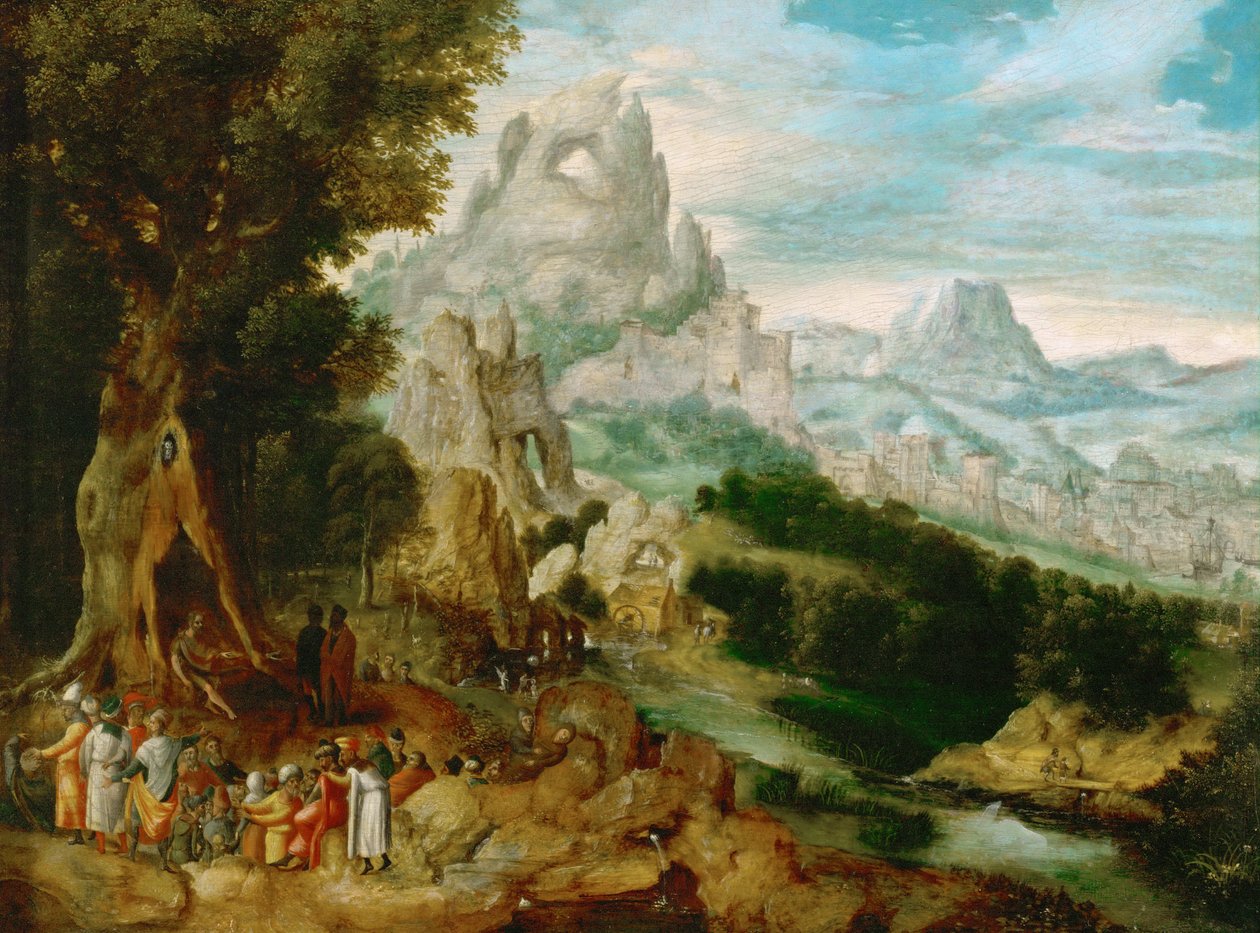 Paga com pregação de São João Batista - Paisagem com pregação de São João Batista, de Herri met de Bles (Henri Bles) (1510-1550). Óleo sobre madeira, ca. 1535-1540. Dimensão : 29x39 cm. Museu de História de Arte, Vienne de Herri met de (c.1510 p.1550) Bles