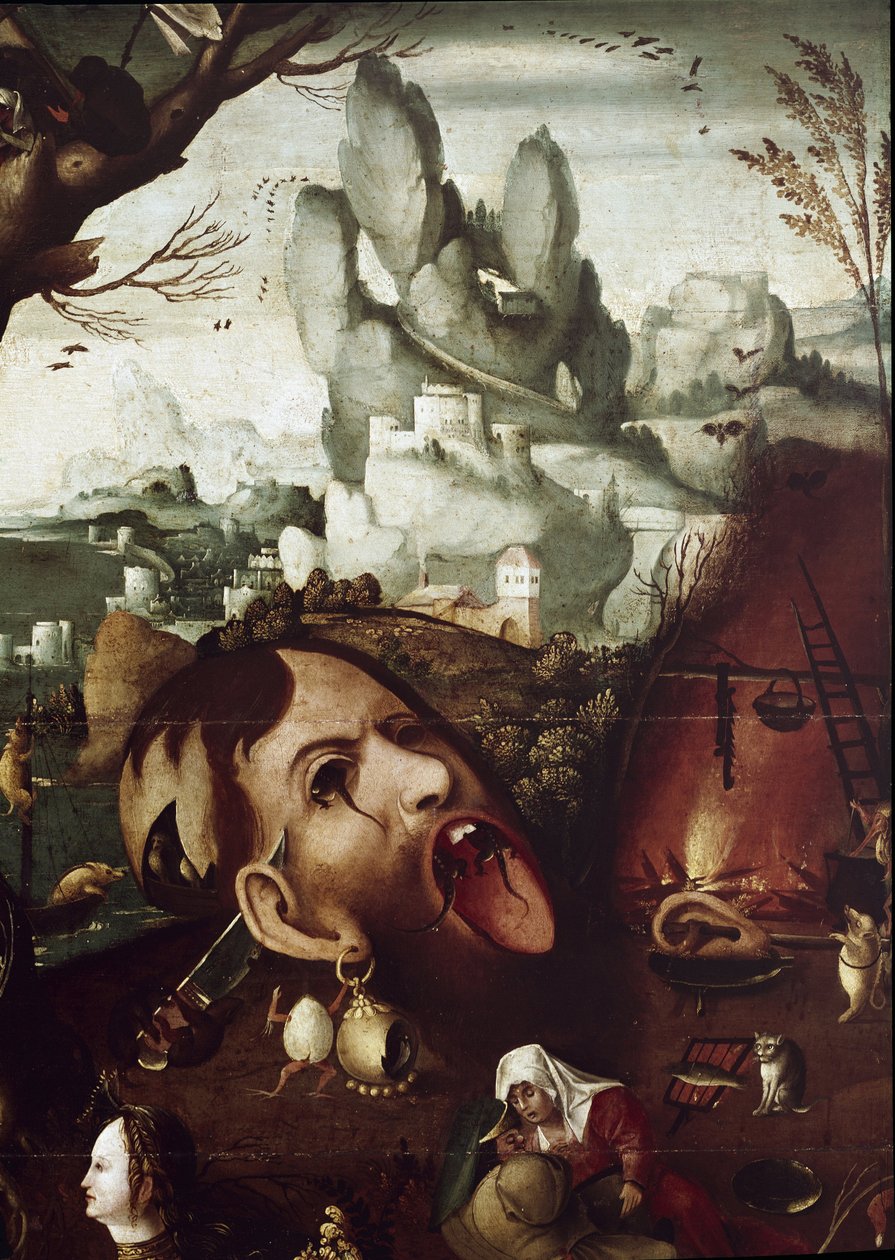 A Tentação de Santo António (Tentação de Santo António) Pintura de Detalhe de Henri Met de Bles dit Civetta (1480-1550) Dim 78,5x97,2 cm Veneza Museo Correr de Herri met de (c.1510 p.1550) Bles