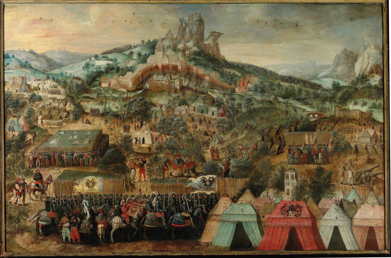 Um cerco em Therouanne, com um exército liderado por Carlos V acampado abaixo da cidade de Herri met de Bles