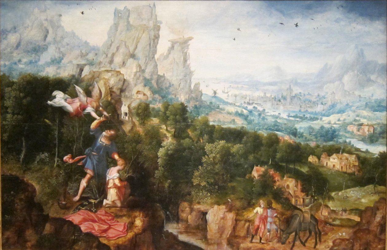 Quando Abraão levanta a mão para matar Isaac, um anjo retém a mão de Abraão (Génesis 22:10) de Herri met de Bles