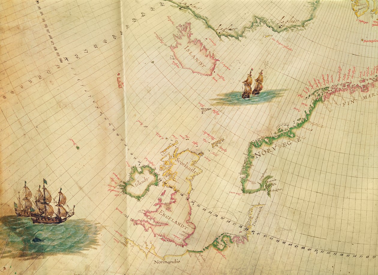 Ms. 1288 fol. 1 A Aurora Polar, detalhe da Inglaterra, Irlanda e Noruega, de uma coleção de gravuras de Mapas Marinhos Holandeses de Hessel Gerritsz