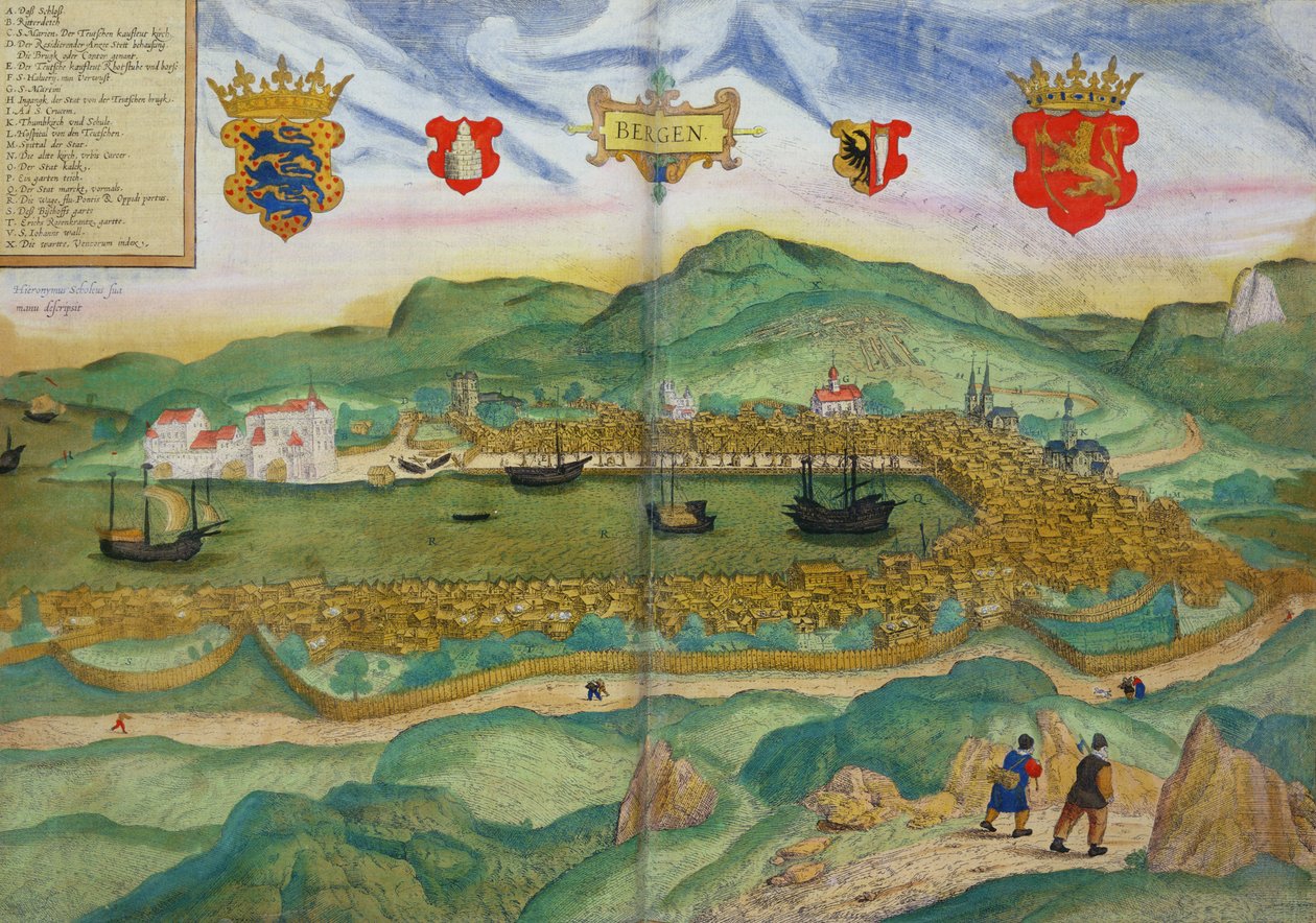 Mapa de Bergen, de &39;Civitates Orbis Terrarum&39; por Georg Brau (1541-1622) e Franz Hogenberg (1535-90) c.1571-1600 de Hieronymous Scholeus