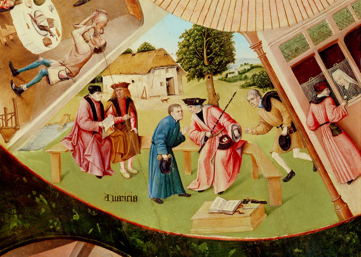 Ganância, detalhe da Tabela dos Sete Pecados Mortais e das Quatro Últimas Coisas, c.1480 (óleo sobre madeira) (ver também 169586) de Hieronymus Bosch