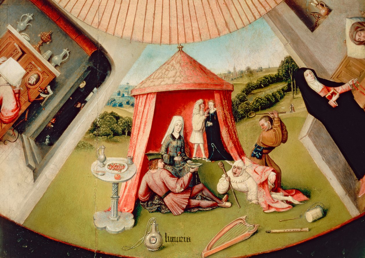 Luxo, detalhe da tabela dos sete pecados mortais e as quatro últimas coisas, c.1480 (detalhe de 169586) de Hieronymus Bosch