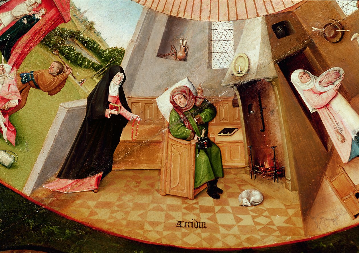 Preguiça, detalhe da Mesa dos Sete Pecados Mortais e as Quatro Últimas Coisas, c.1480 de Hieronymus Bosch