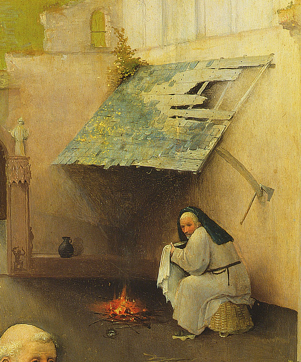 A adoração dos Magos, detalhe de uma figura de fundo, 1510 óleo no detalhe do painel de 3427 de Hieronymus Bosch