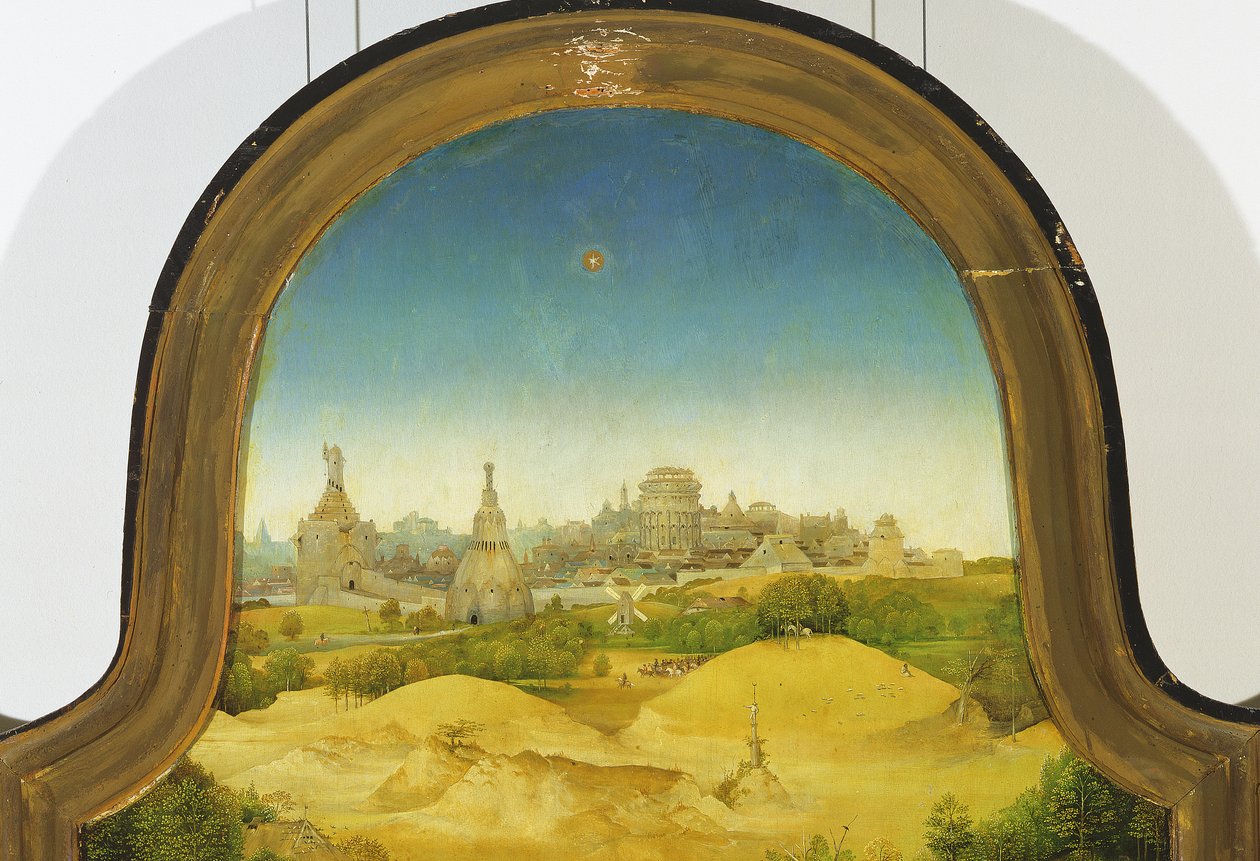 A adoração dos Magos, detalhe de fundo, 1510 óleo no detalhe do painel de 3427 de Hieronymus Bosch