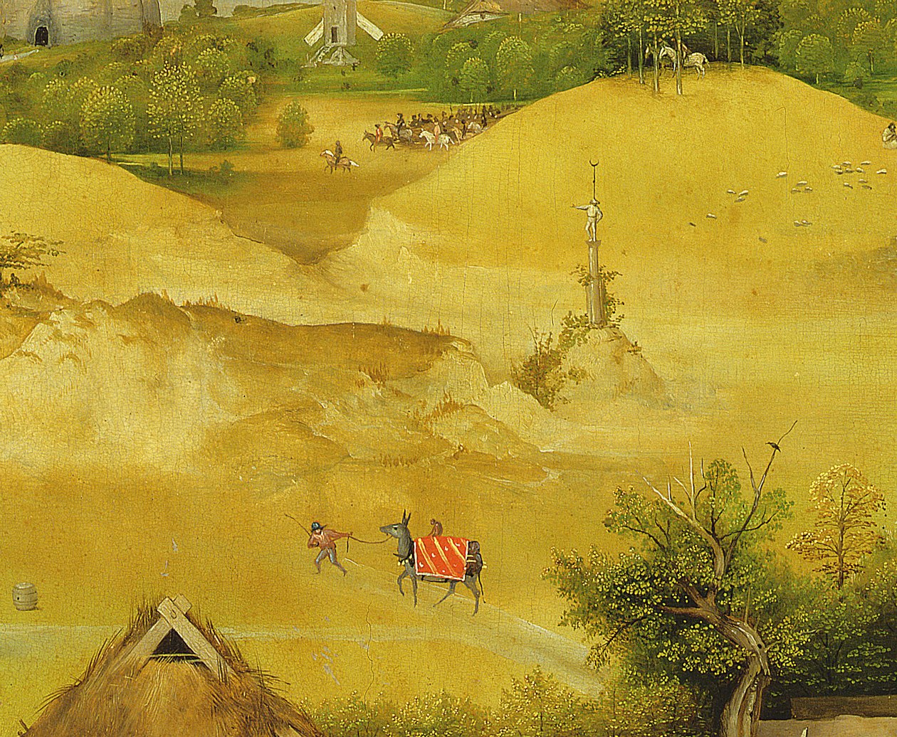 A Adoração dos Magos, detalhe de figuras de fundo, óleo de 1510 no detalhe do painel de 3427 de Hieronymus Bosch
