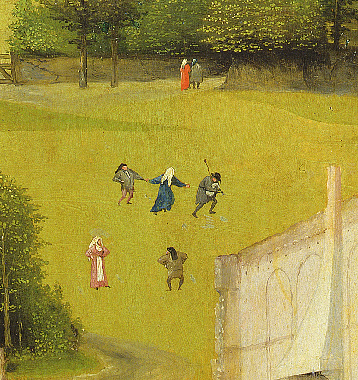 A Adoração dos Magos, detalhe de figuras de fundo, óleo de 1510 no detalhe do painel de 3427 de Hieronymus Bosch