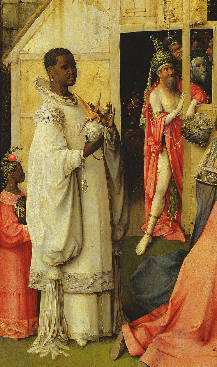 A Adoração dos Magos, detalhe de um dos reis, óleo de 1510 no detalhe do painel de 3427 de Hieronymus Bosch