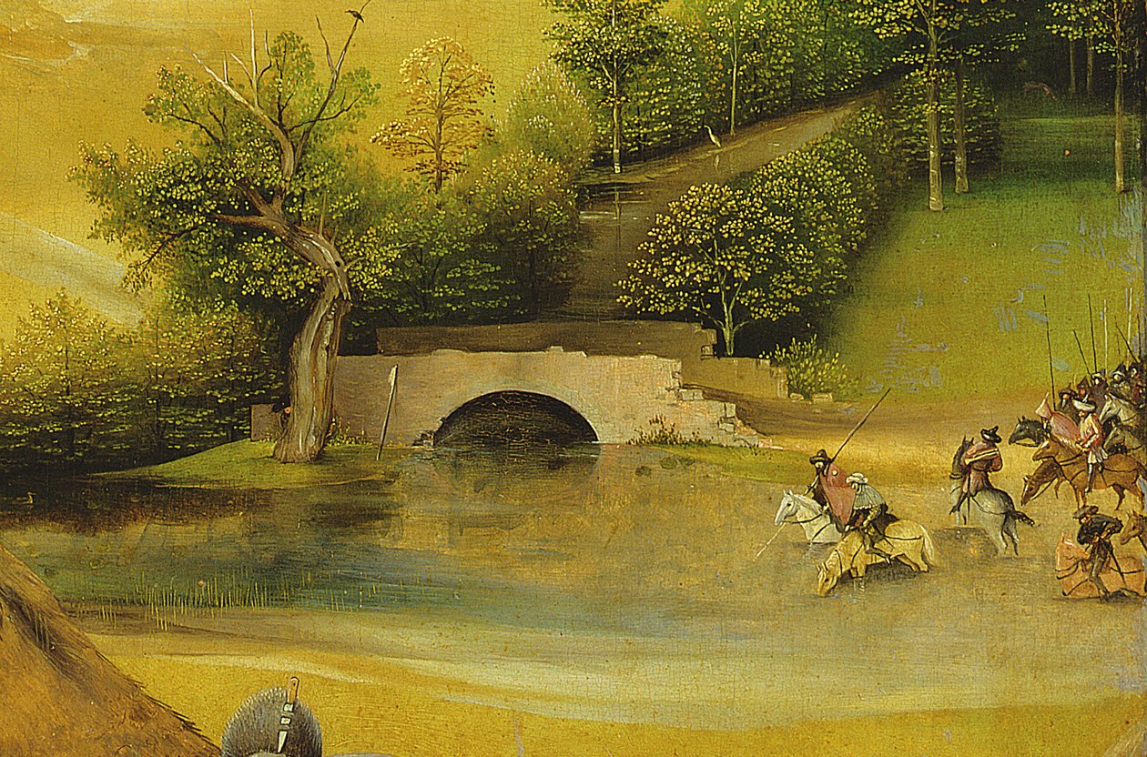 A Adoração dos Magos, detalhe do fundo, 1510 óleo no detalhe do painel de 3427 de Hieronymus Bosch