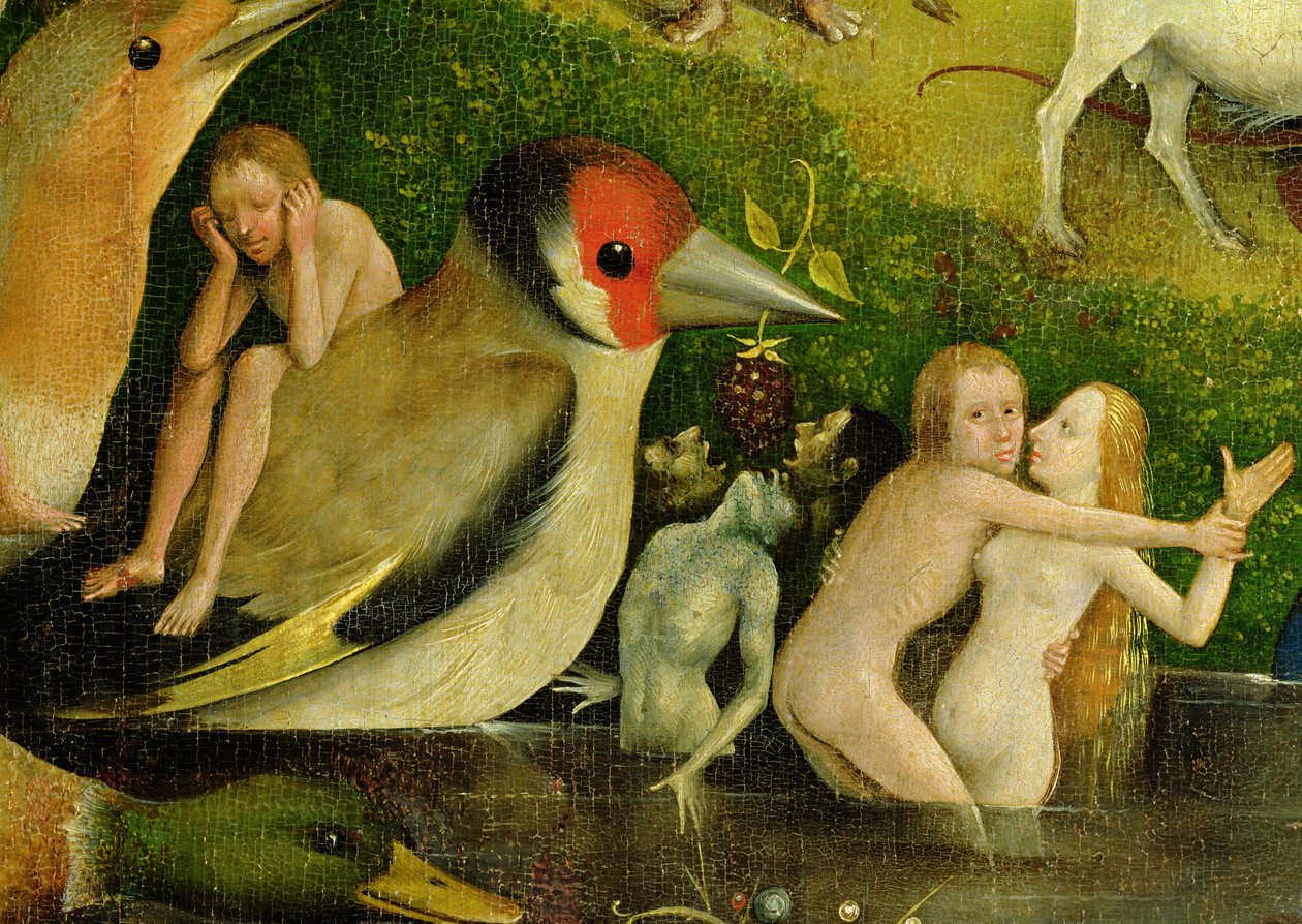O Jardim das Delícias Terrenas: Alegoria do Luxo, painel central do tríptico, detalhe do casal na água e um pássaro, c.1500 (detalhe de 420) de Hieronymus Bosch