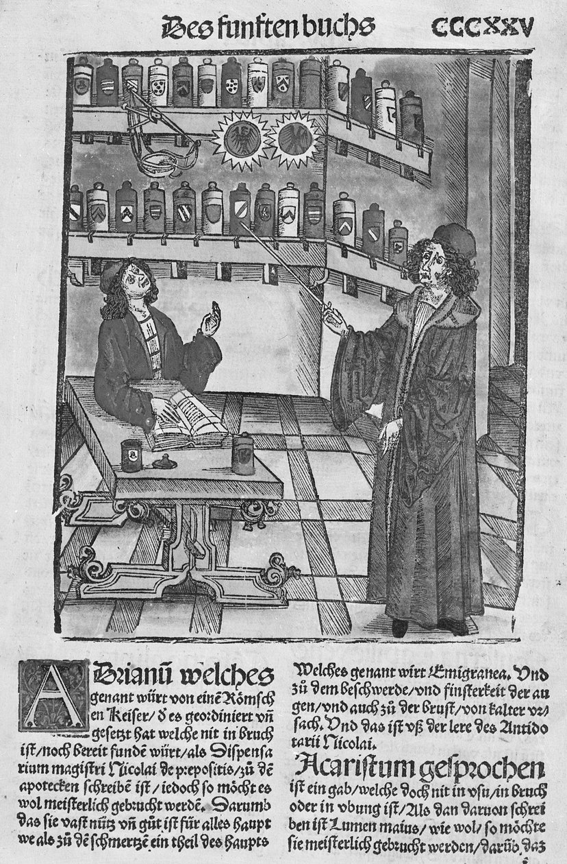 A loja do Boticário, do "The Book of Cirugia" publicou Estrasburgo, 1497 de Hieronymus Brunschwig