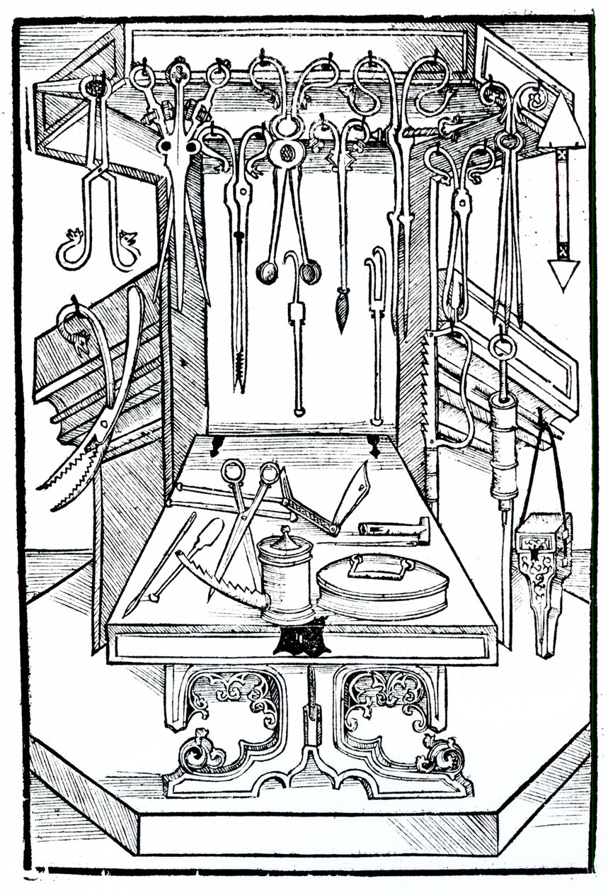 Mesa de operação e instrumentos cirúrgicos, de &39;Das Buch der Cirugia&39;, publicado Estrasburgo, 1497 de Hieronymus Brunschwig