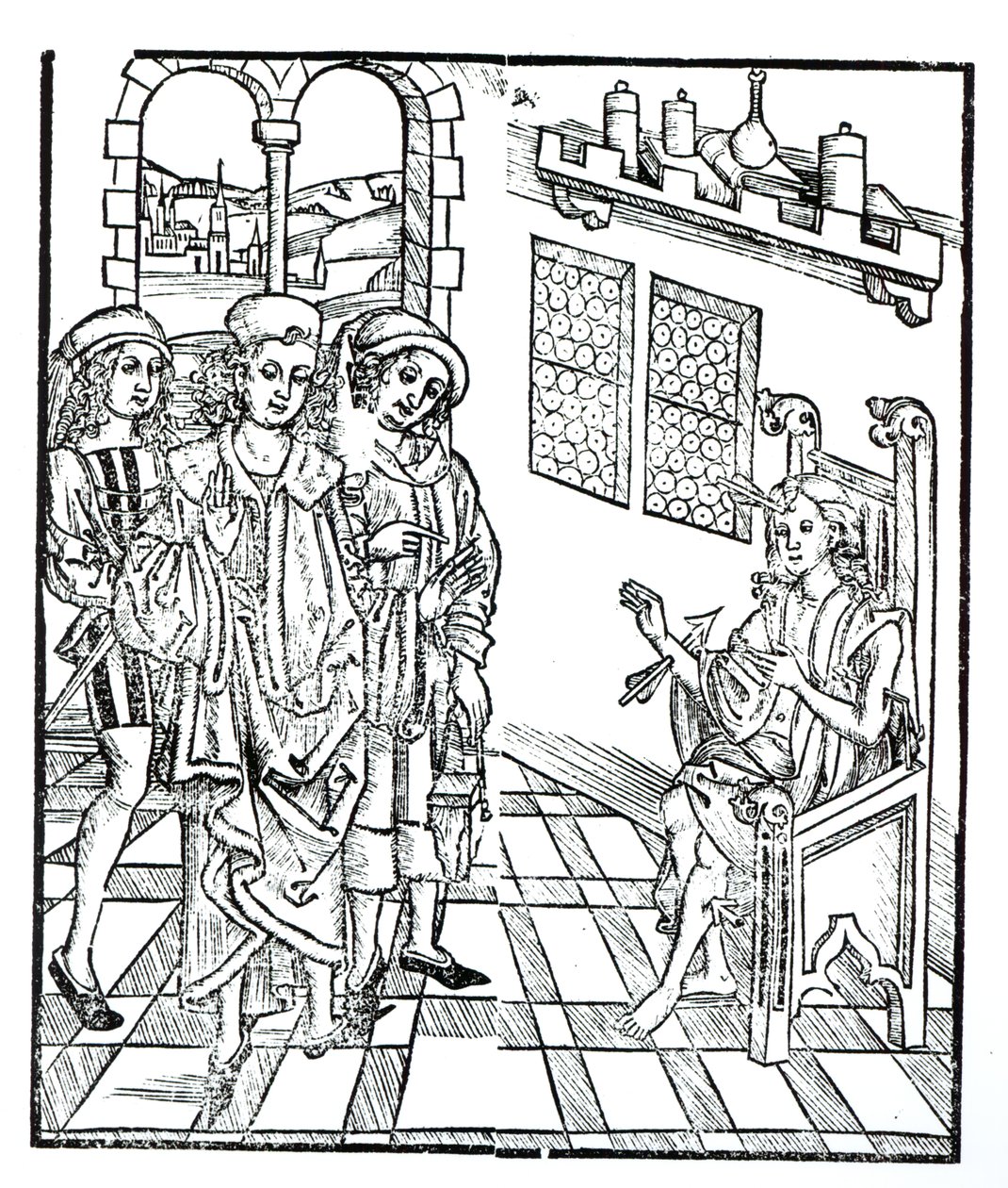 Cirurgião visita um homem com feridas de flechas, de &39;Das Buch der Cirugia&39; publicado em Estrasburgo, 1497 de Hieronymus Brunschwig