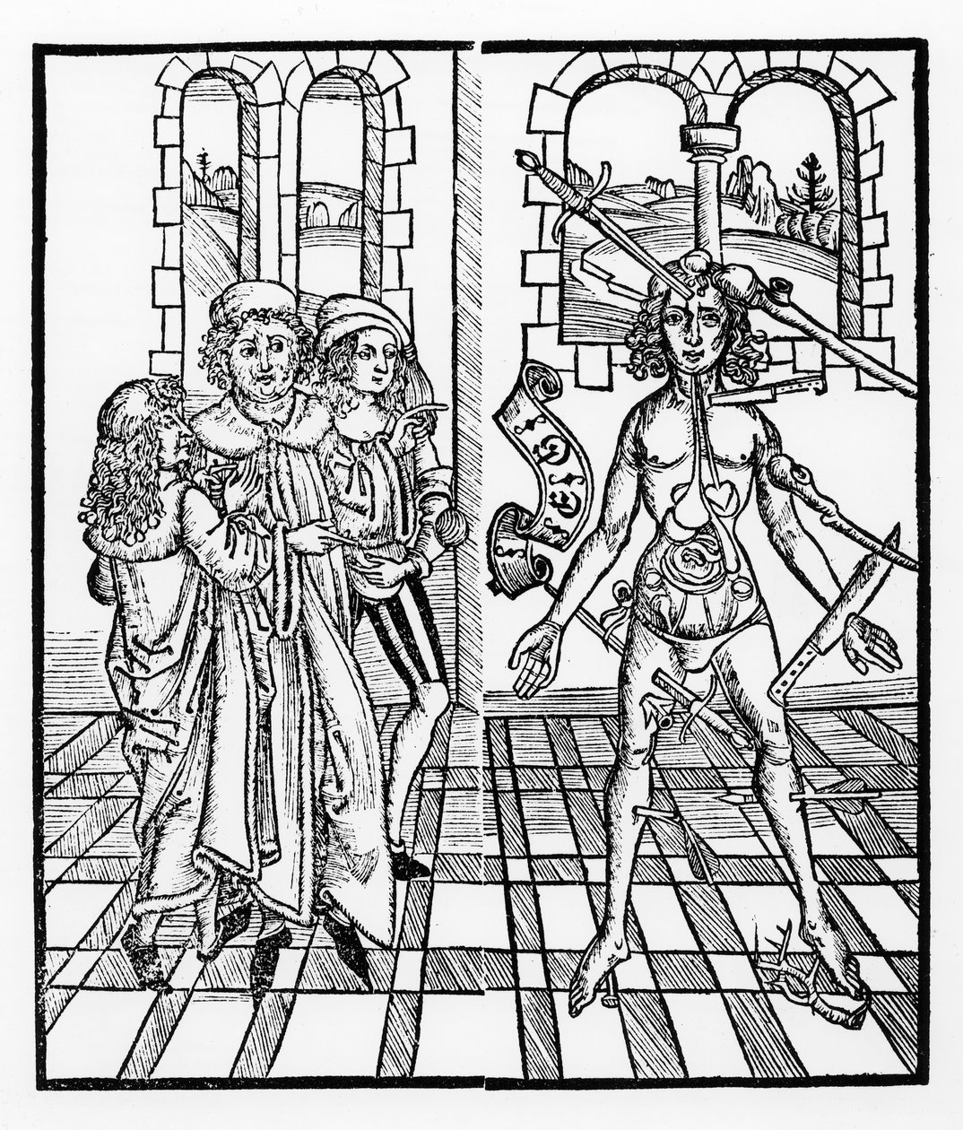 O homem ferido, do "Livro da Cirugia" publicou Estrasburgo, 1497 de Hieronymus Brunschwig