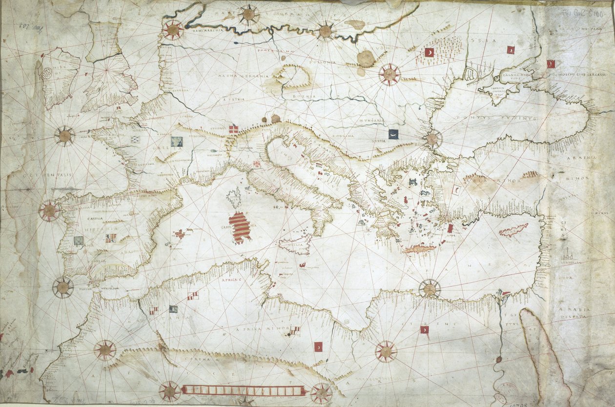 Mapa do Mar Mediterrâneo, do Mar Negro e do Oceano Atlântico Nordeste de Hieronymus Verrazano