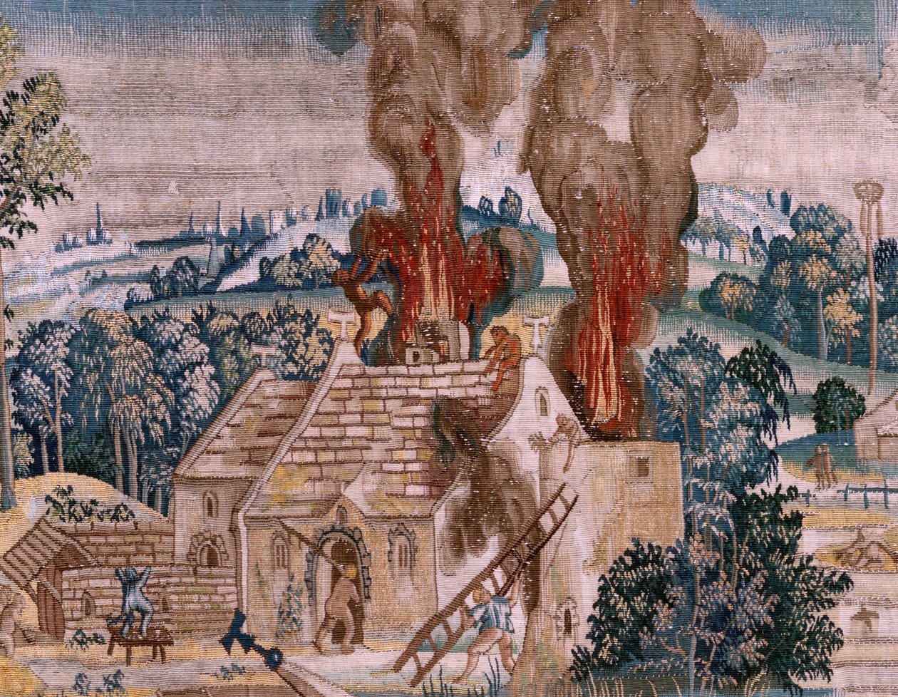 Tapeçaria flamenga. Série Quatro tapeçarias após Hieronymus Bosch. Santo António em oração (San Antonio en oración). Segunda tapeçaria da série. Modelo inspirado no trabalho de Hieronymus Bosch. Fabrico Oficina Desconhecida, Bruxelas. Antes de 1560. Tecido de Hieronymus (after) Bosch
