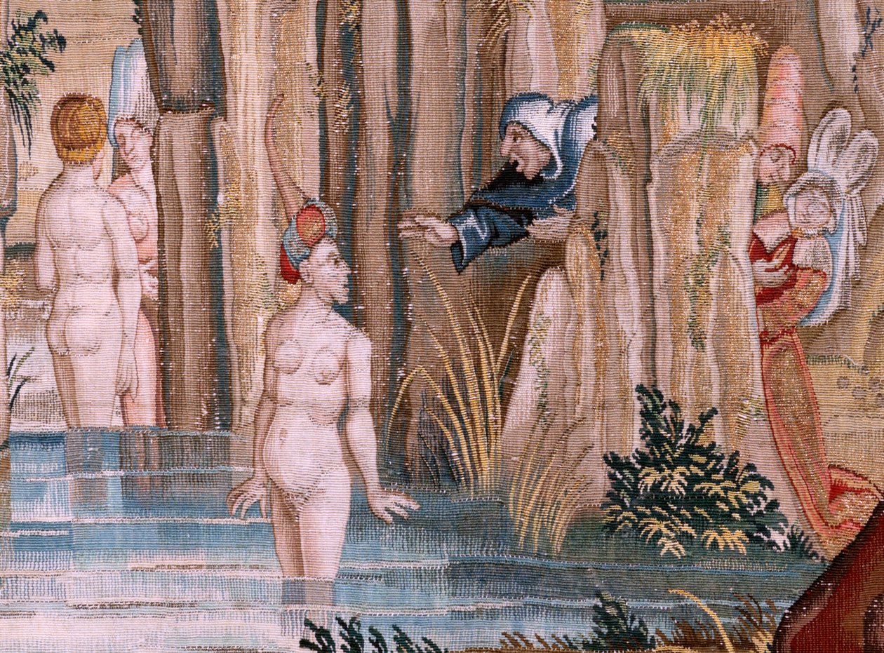 Tapeçaria flamenga. Série Quatro tapeçarias após Hieronymus Bosch. Santo António em oração (San Antonio en oración). Segunda tapeçaria da série. Modelo inspirado no trabalho de Hieronymus Bosch. Fabrico Oficina Desconhecida, Bruxelas. Antes de 1560. Tecido de Hieronymus (after) Bosch