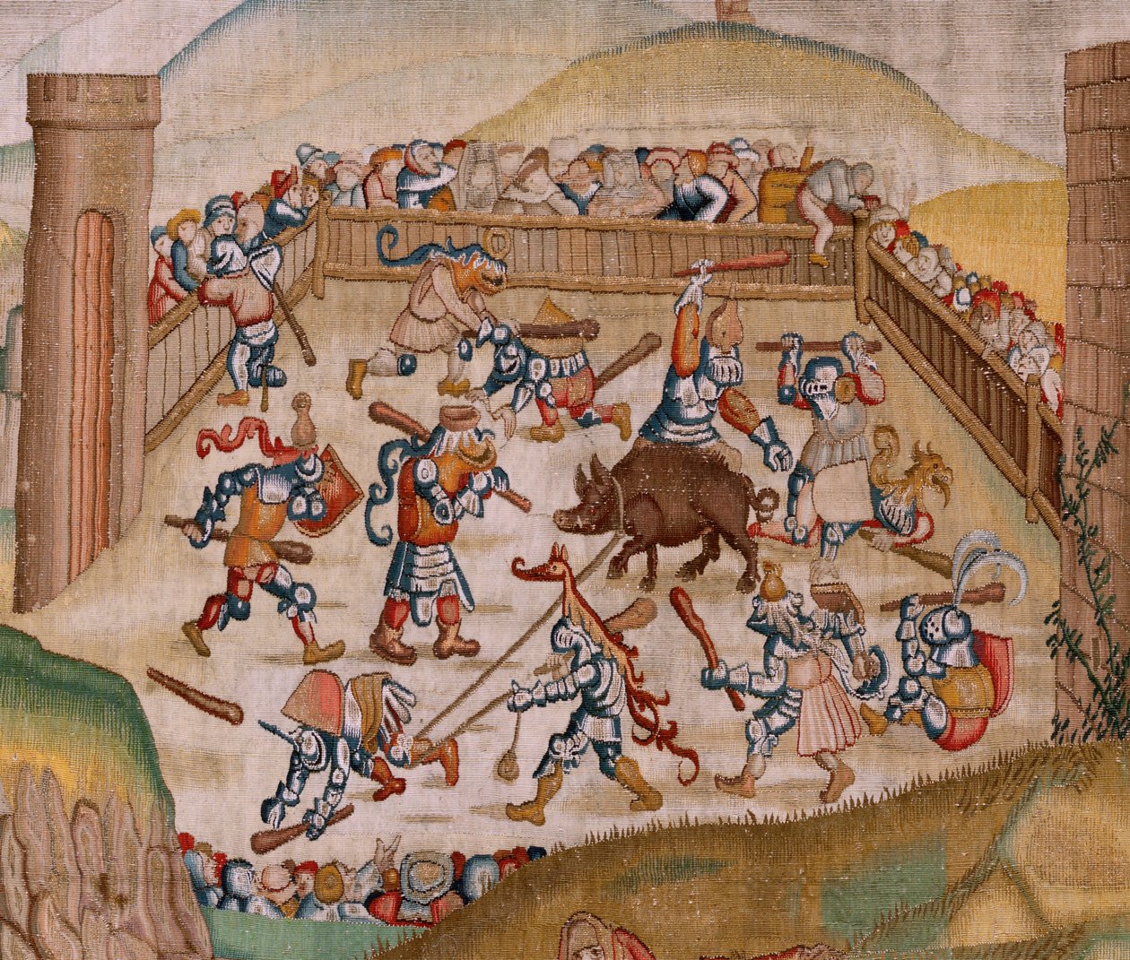 Tapeçaria flamenga. Série Quatro tapeçarias após Hieronymus Bosch. São Martinho (San Martín). Primeira tapeçaria da série. Modelo inspirado no trabalho de Hieronymus Bosch. Fabrico Oficina Desconhecida, Bruxelas. Antes de 1560. Tecido Ouro, prata, seda e w de Hieronymus (after) Bosch