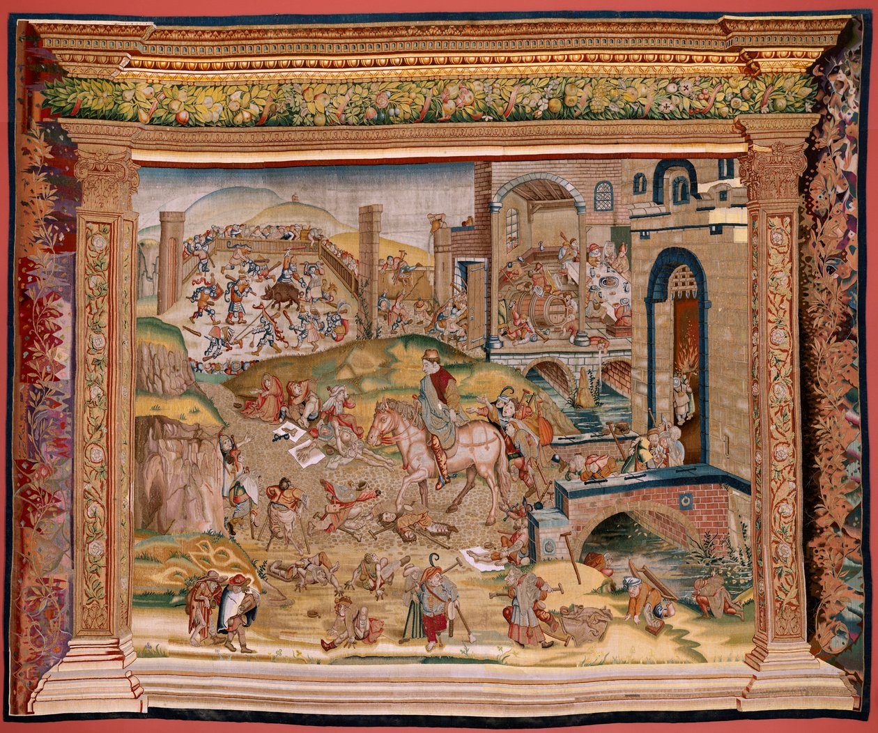 Tapeçaria flamenga. Série Quatro tapeçarias após Hieronymus Bosch. São Martinho (San Martín). Primeira tapeçaria da série. Modelo inspirado no trabalho de Hieronymus Bosch. Fabrico Oficina Desconhecida, Bruxelas. Antes de 1560. Tecido Ouro, prata, seda e w de Hieronymus (after) Bosch