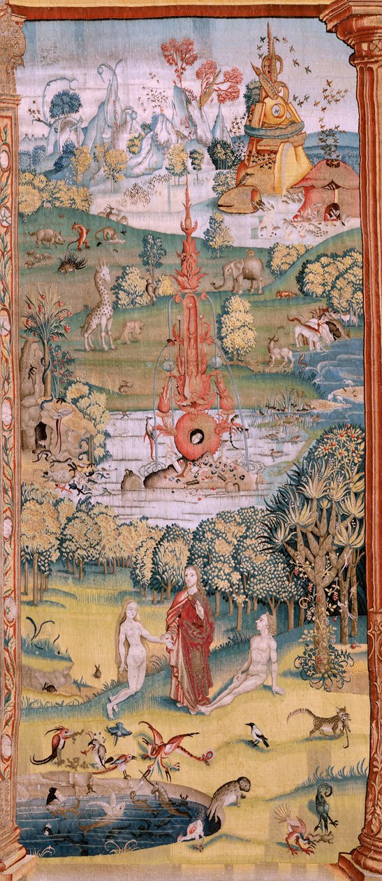 tapeçaria flamenga. Série Quatro tapeçarias após Hieronymus Bosch. O Jardim das Delícias Terrenas (Jardín de las Delicias). Quarta tapeçaria da série. Modelo Inspirado no trabalho de Hieronymus Bosch. Fabricação Oficina desconhecida, Bruxelas. Antes de 156 de Hieronymus (after) Bosch