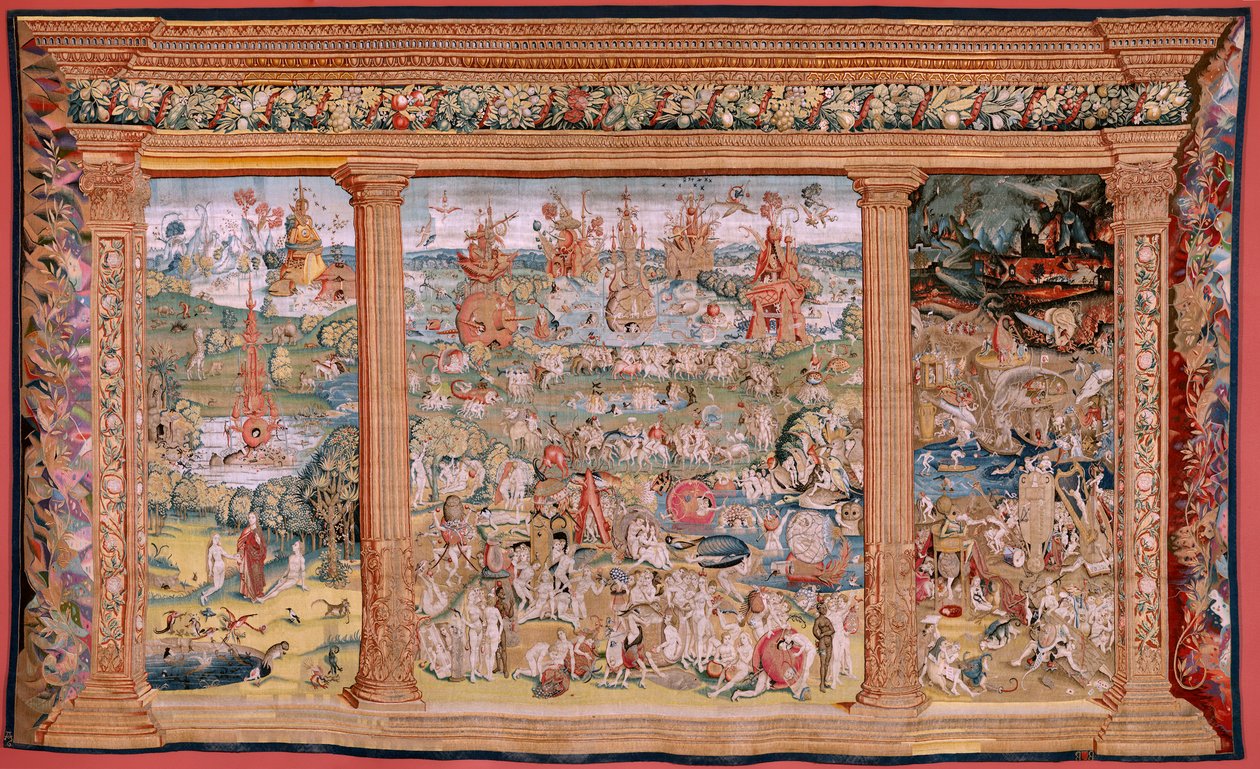 Tapeçaria flamenga. Série Quatro tapeçarias após Hieronymus Bosch. O Jardim das Delícias Terrenas (Jardín de las Delicias). Quarta tapeçaria da série. Modelo inspirado no trabalho de Hieronymus Bosch. Fabrico Oficina Desconhecida, Bruxelas. Antes de 1560.  de Hieronymus (after) Bosch