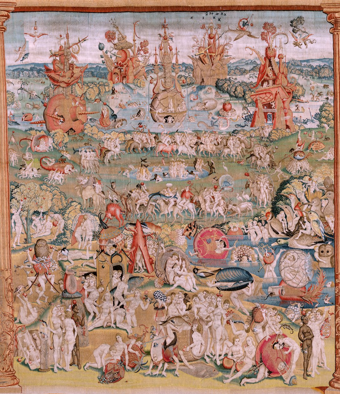 Tapeçaria flamenga. Série Quatro tapeçarias após Hieronymus Bosch. O Jardim das Delícias Terrenas (Jardín de las Delicias). Quarta tapeçaria da série. Modelo inspirado no trabalho de Hieronymus Bosch. Fabrico Oficina Desconhecida, Bruxelas. Antes de 1560.  de Hieronymus (after) Bosch