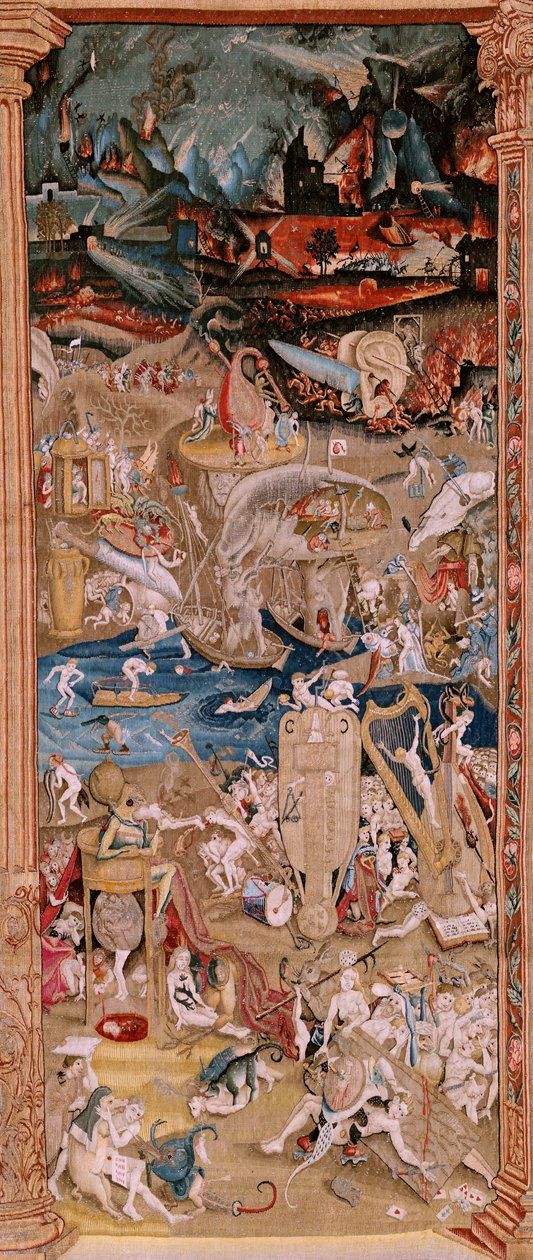 tapeçaria flamenga. Série Quatro tapeçarias após Hieronymus Bosch. O Jardim das Delícias Terrenas (Jardín de las Delicias). Quarta tapeçaria da série. Modelo Inspirado no trabalho de Hieronymus Bosch. Fabricação Oficina desconhecida, Bruxelas. Antes de 156 de Hieronymus (after) Bosch