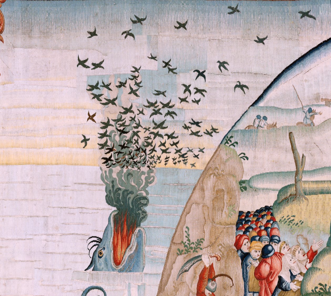 tapeçaria flamenga. Série Quatro tapeçarias após Hieronymus Bosch. Tribulações da vida humana (Tribulaciones de la vida humana). Terceira tapeçaria da série. Modelo Inspirado no trabalho de Hieronymus Bosch. Fabricação Oficina desconhecida, Bruxelas. Antes de Hieronymus (after) Bosch