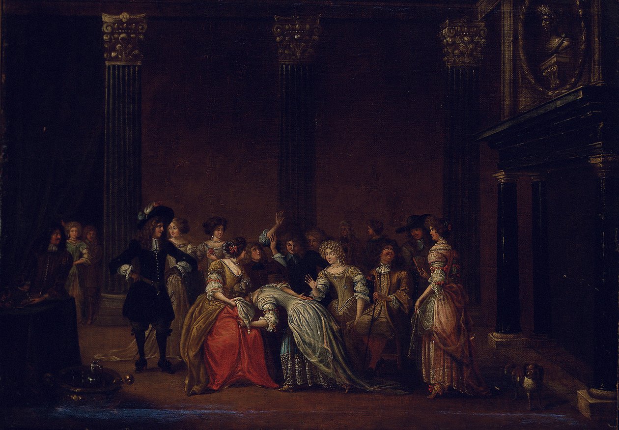Uma empresa elegante em um interior com uma disputa matrimonial (óleo sobre tela) de Hieronymus (follower of) Janssens