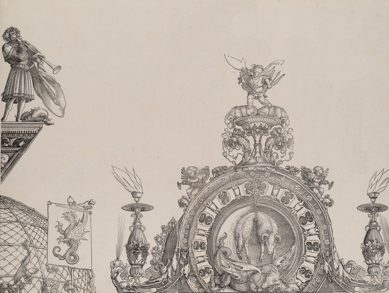 O Pináculo do Portal Direito, e um Trompetista e Estandarte do Portal Central, fr..., 1515. de Hieronymus Andreae