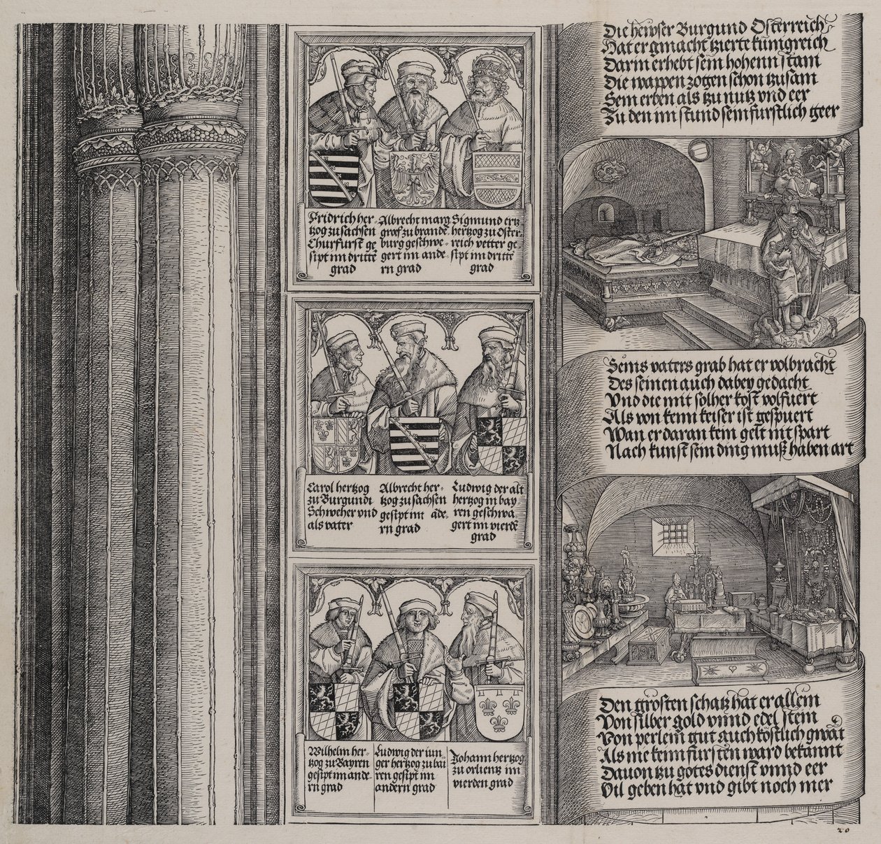 O Túmulo Erguido por Maximiliano para Seu Pai, e O Tesouro Imperial, com Retratos de..., 1515. de Hieronymus Andreae