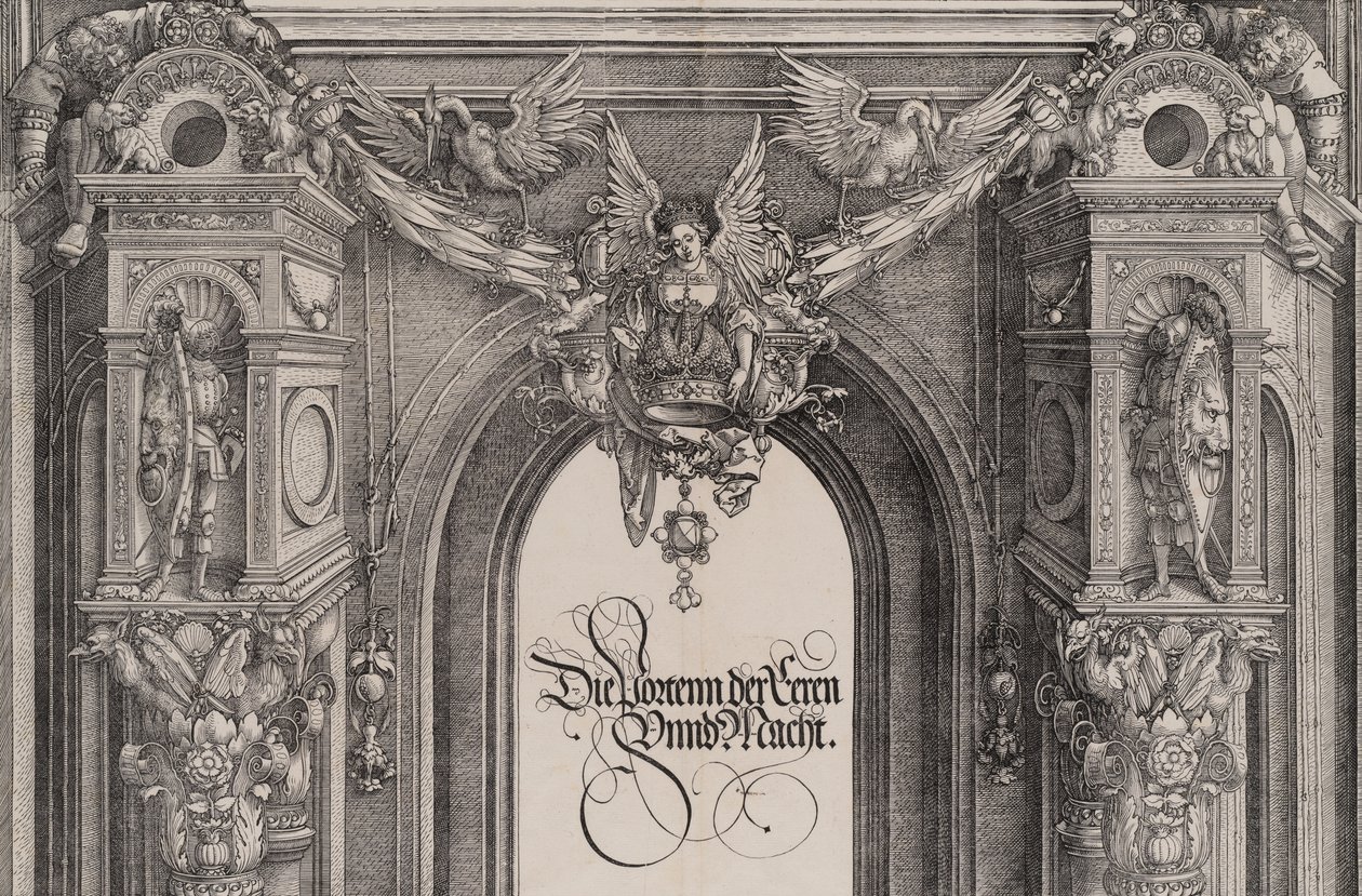 A parte superior da entrada para o Portal Central com uma figura alada segurando o I..., 1515. de Hieronymus Andreae