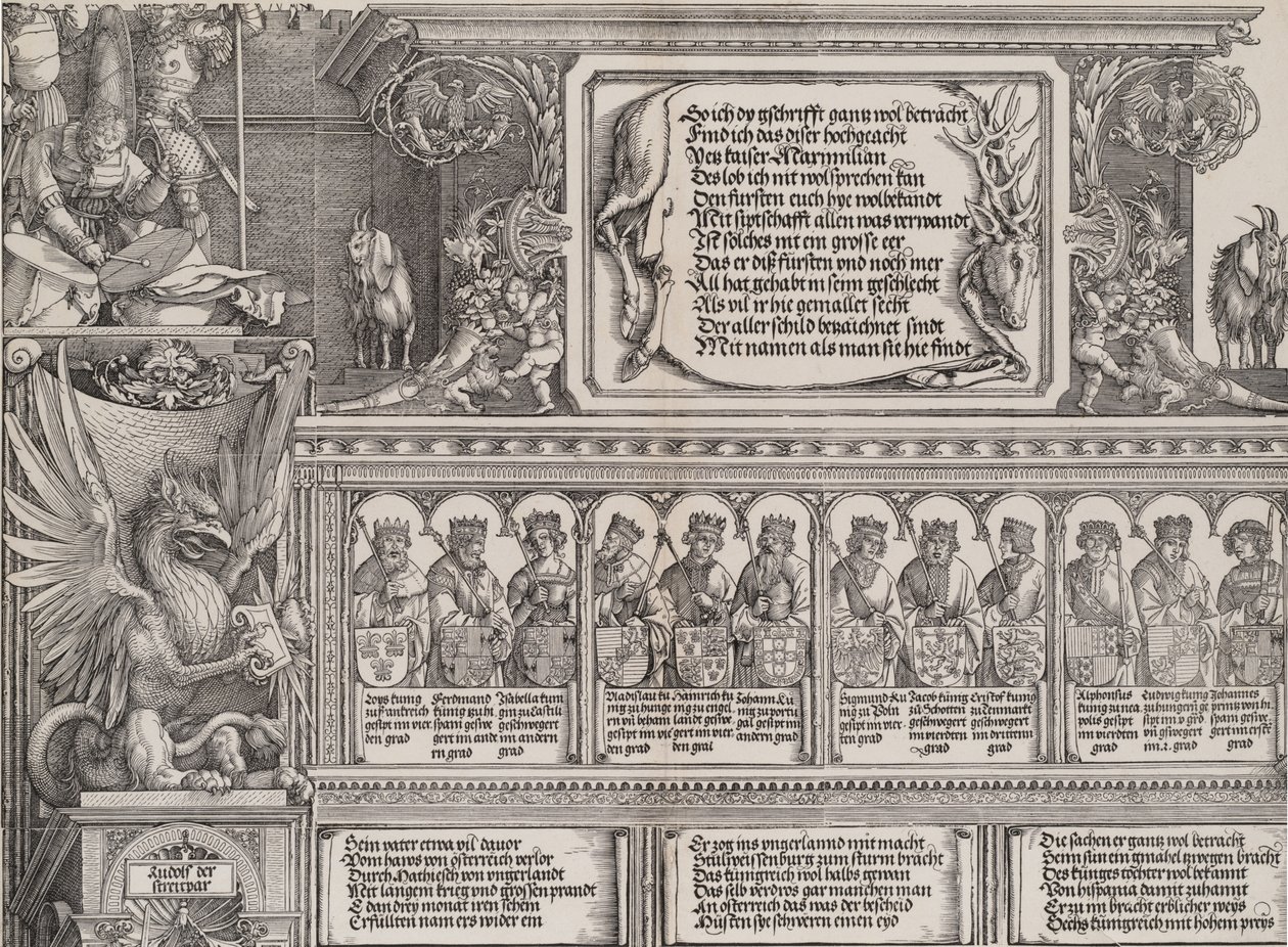 A Secção Superior do Portal Direito, com a Inscrição em Pele de Veado, Friso com ..., 1515. de Hieronymus Andreae