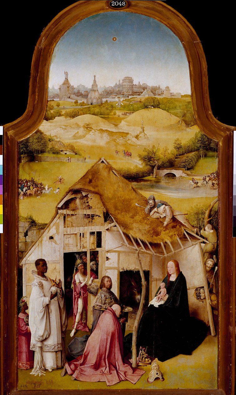 Adoração do painel central dos Magos do tríptico da Epifania. Pintura de Hieronymus Van Aeken (Aken) dit Jerome Bosch (1450-1516). 1510-1511. Dim. 138x72 cm Madrid. Museu do Prado. de Hieronymus Bosch
