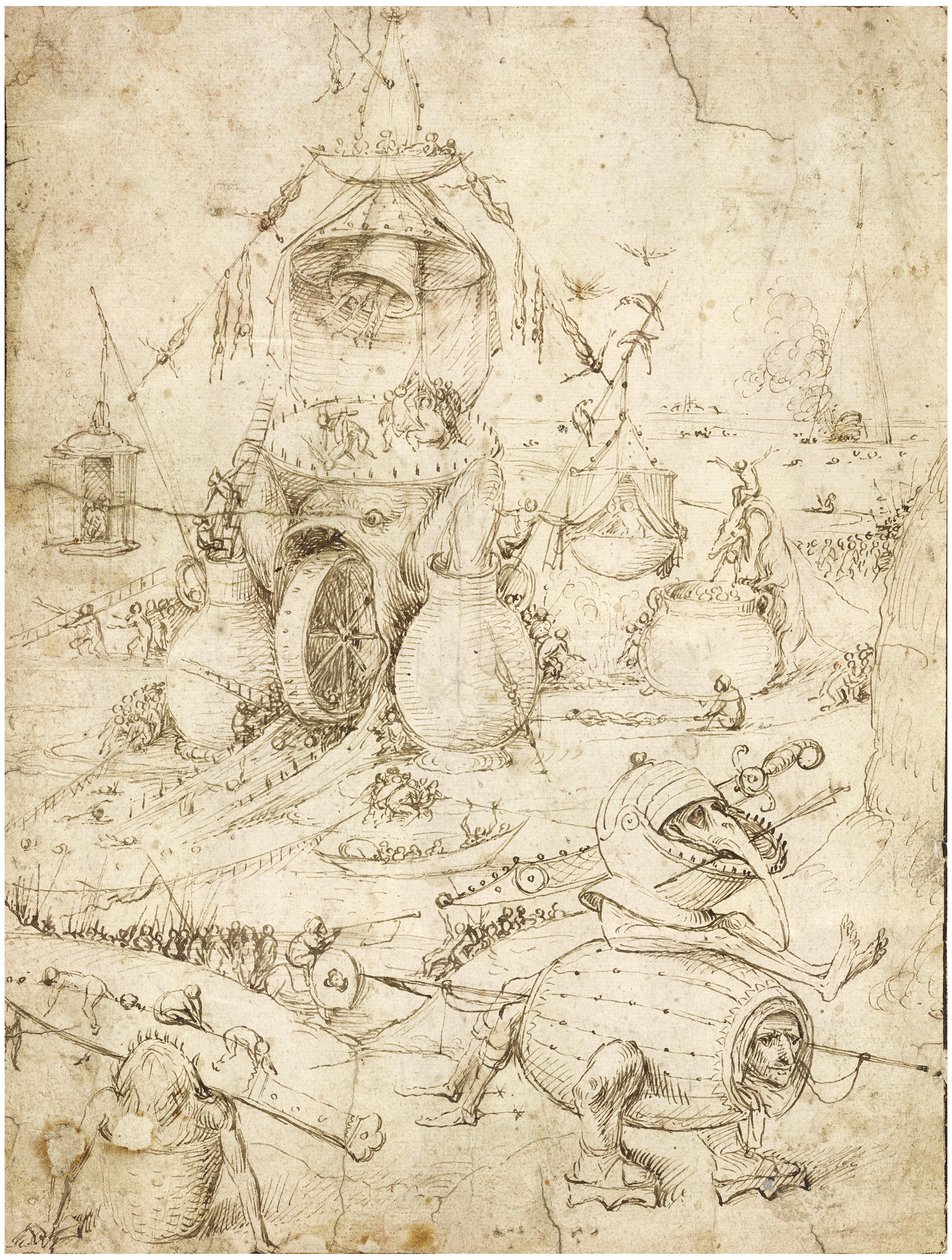 Infernal Landscape par Bosch, Hieronymus (c. 1450-1516). Caneta, tinta indígena castanha sobre papel, c. 1500, Colecção Privada de Hieronymus Bosch
