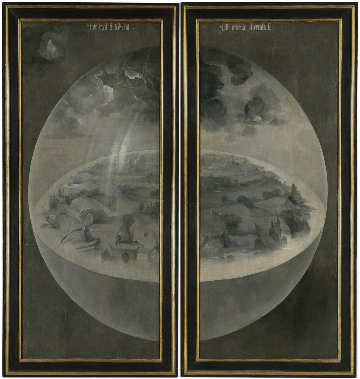 A criação do mundo que representa a esfera cósmica da Terra (Bubble). Atrás das abas do tríptico "O jardim das delícias terrenas" . Pintura de Hieronymus Van Aeken (Aken) chamada Jerome Bosch (1450-1516) de Hieronymus Bosch