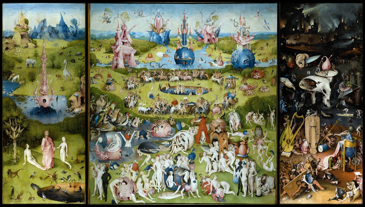 "O jardim das delícias terrenas" Painel esquerdo: criação de Adão e Eva. Painel central: os amantes a apreciar as frutas. Painel direito: inferno. Tryptych de Hieronymus Van Aeken (Aken) conhecido como Jerome Bosch (1450-1516) de Hieronymus Bosch