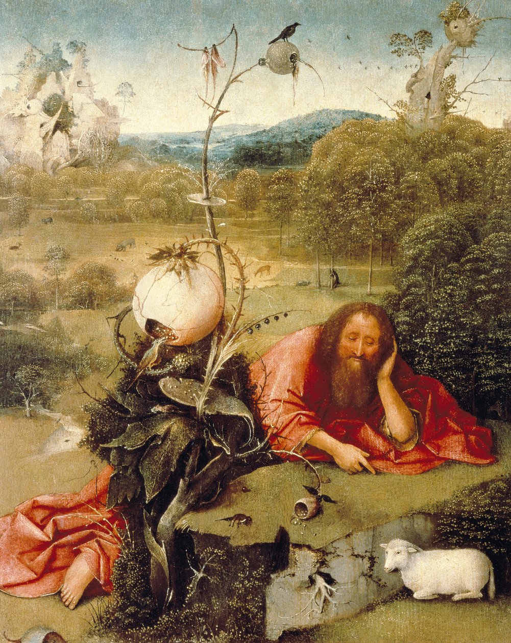 “" São João Baptista adormecido na natureza "" Pintura de Hieronymus Van Aeken (Aken) diz Jerome Bosch (1450-1516) 1504-1505 Madrid. Fundação Lazaro Galdiano de Hieronymus Bosch