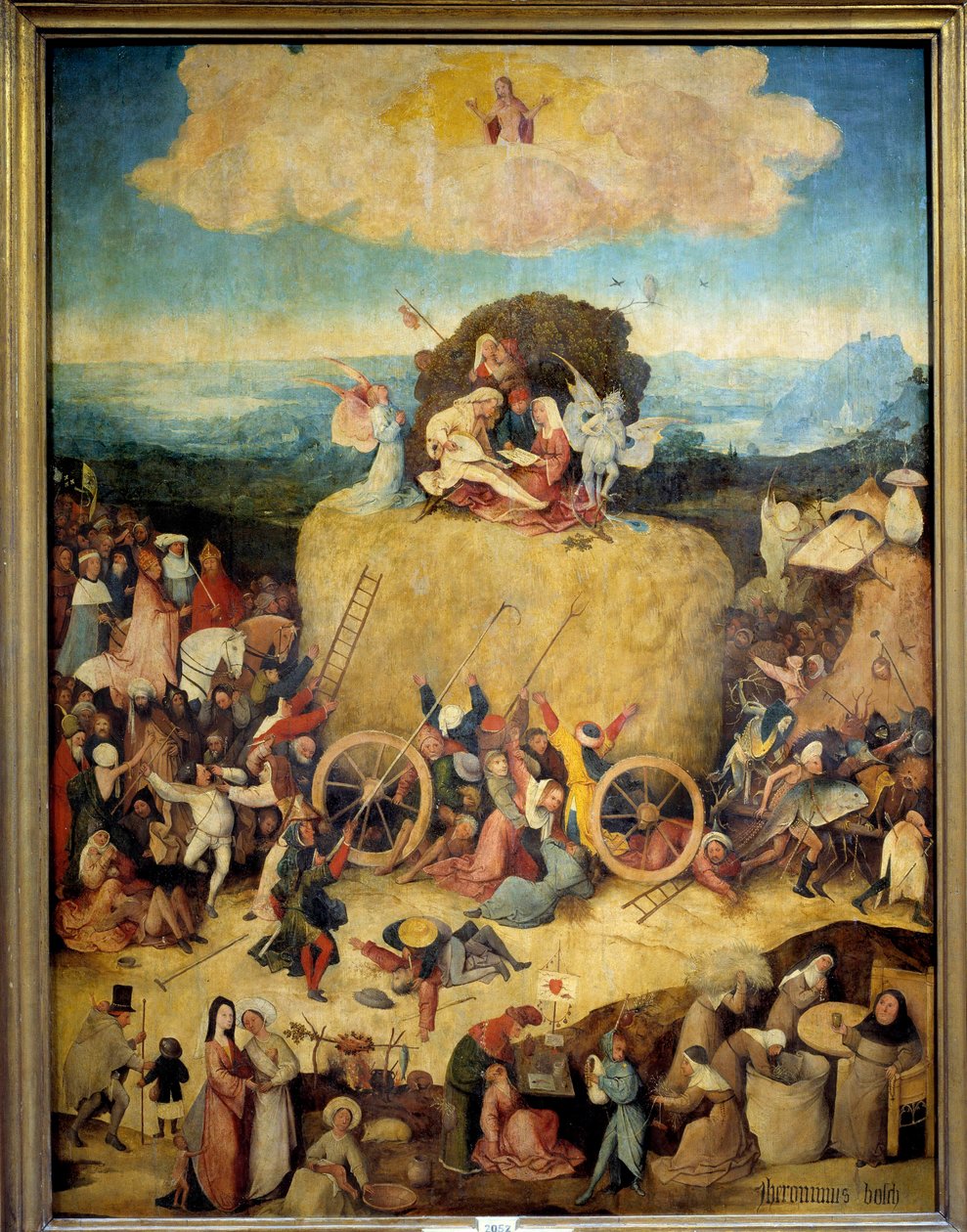 O Allegorie Hay Cart de homens e mulheres que procuram aproveitar ao máximo o tempo presente. Painel central do alegórico tryptic no Passe, o presente de Hieronymus Van Aeken (Aken) conhecido como Jerome Bosch (1450-1516), cerca de 1490. Madrid, Museu do P de Hieronymus Bosch