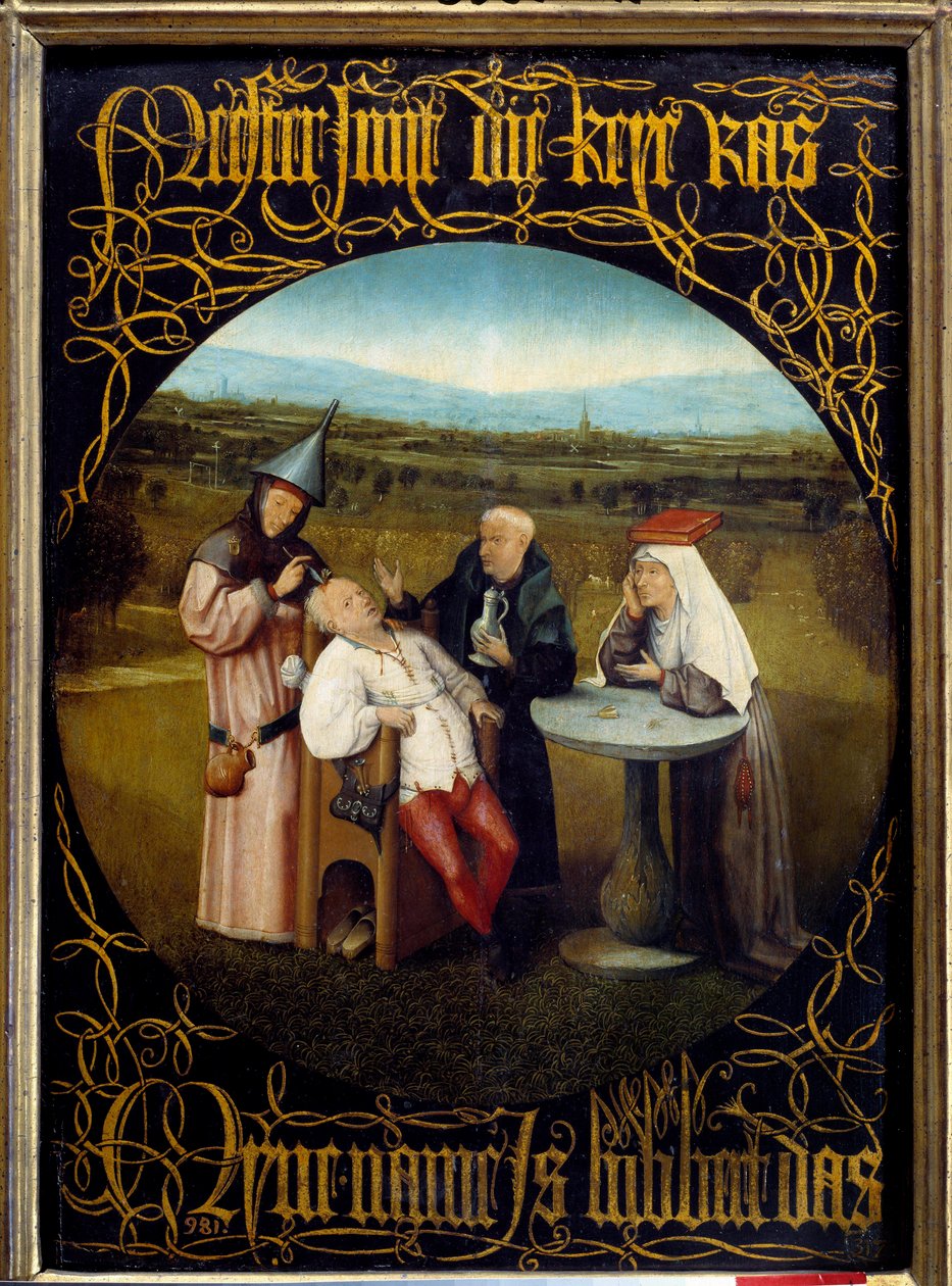 A Extracção da Pedra de Folie. Pintura por Hieronymus Van Aeken (Aachen) este Jerome Bosch (1450-1516) de Hieronymus Bosch