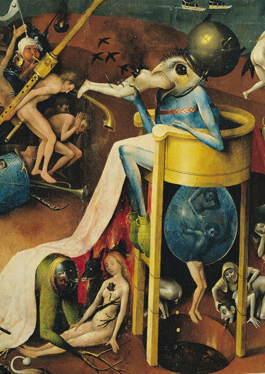 O Jardim das Delícias Terrenas: Inferno, asa direita do tríptico, detalhe de pássaro-homem azul em um banquinho, c.1500 (detalhe de 3425) de Hieronymus Bosch