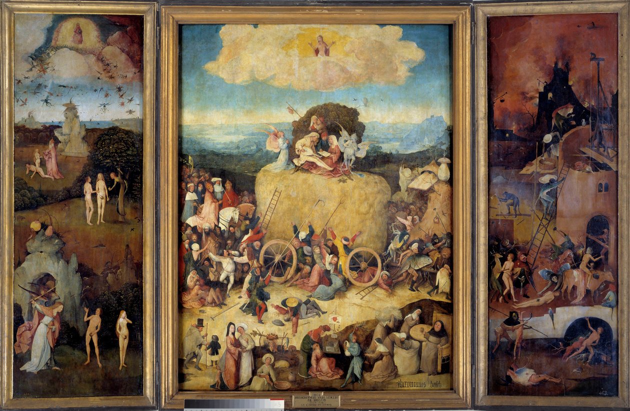 A Alegoria do Passe de Feno, o Presente e o Futuro. Painel esquerdo representando a criação de Adão e Eva, o pecado original e as caçadas de Adão e Eva do Paraíso terrestre. No centro, uma representação do tumulto da multidão, e dos homens que de Hieronymus Bosch