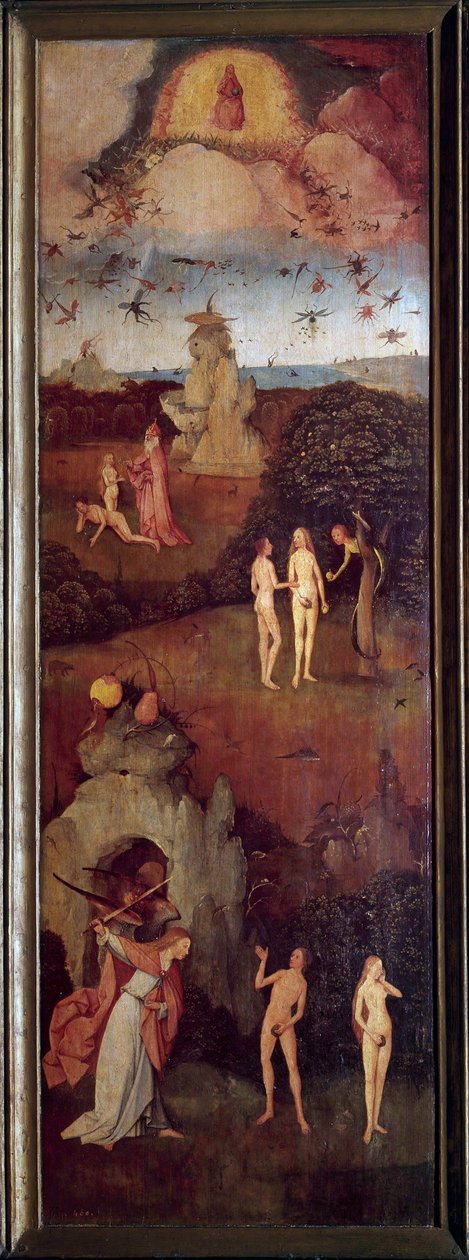 O Carrinho de Feno A criação de Adão e Eva. Eles são caçados do Paraíso após o pecado original. Painel esquerdo do tripé alegórico no Passe, o presente de Hieronymus Van Aeken (Aken) chamado Jerome Bosch (1450-1516), cerca de 1490. Madrid, Museu do Prado de Hieronymus Bosch