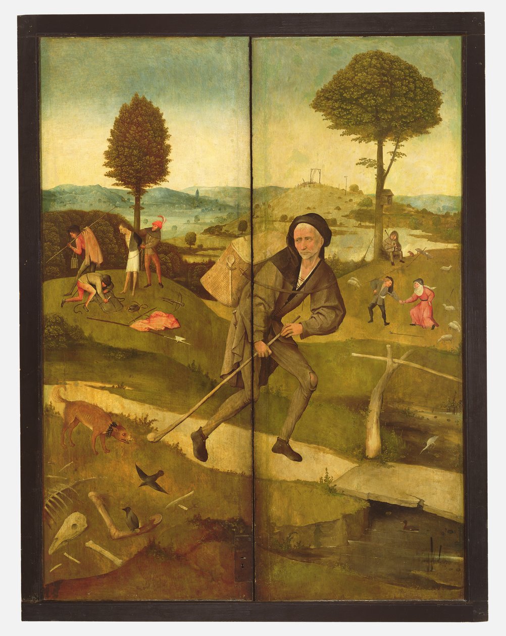 The Haywain, com painéis fechados mostrando Everyman andando no caminho da vida de Hieronymus Bosch