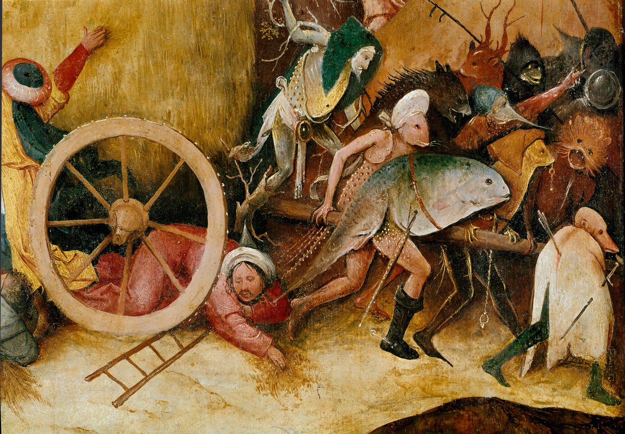 O tanque de feno ou tríptico de feno (carrinho de feno): Detalhe do painel central. Figuras monstruosas, caracteres antropomórficos e um homem embate sob uma roda. Pintura de Hieronymus Van Aeken (Aken) dit Jerome Bosch (1450-1516) de Hieronymus Bosch