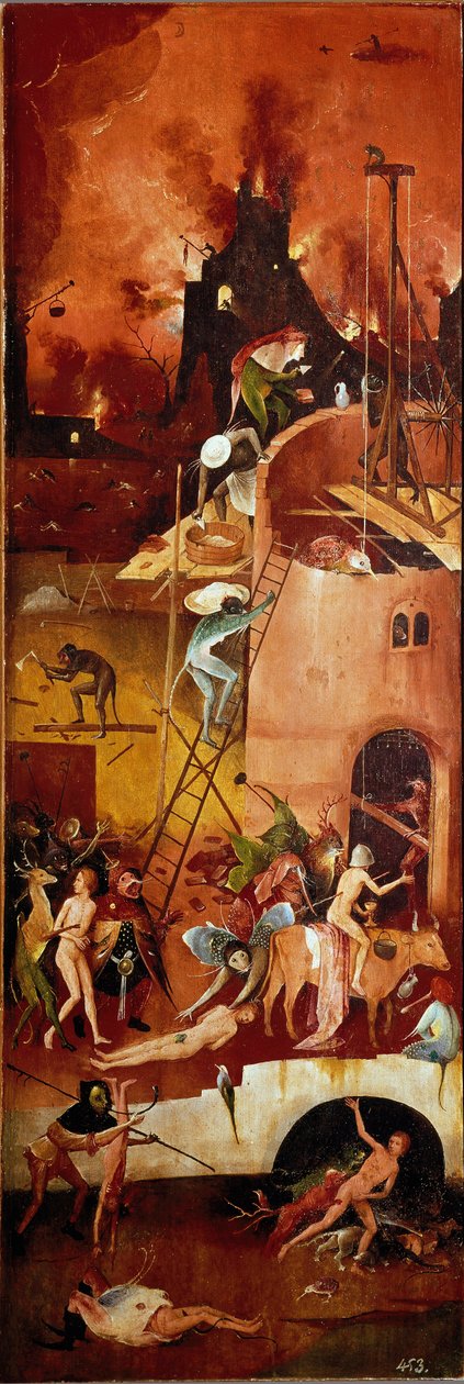 O tryptic do feno: construções infernais. O painel interior direito. Pintura em madeira por Hieronymus Van Aeken (Aken) dit Jerome Bosch (1450-1516) 1500-1502 Dim. 140x232 cm Real Monasterio de El Escorial, El Escorial, Espanha de Hieronymus Bosch