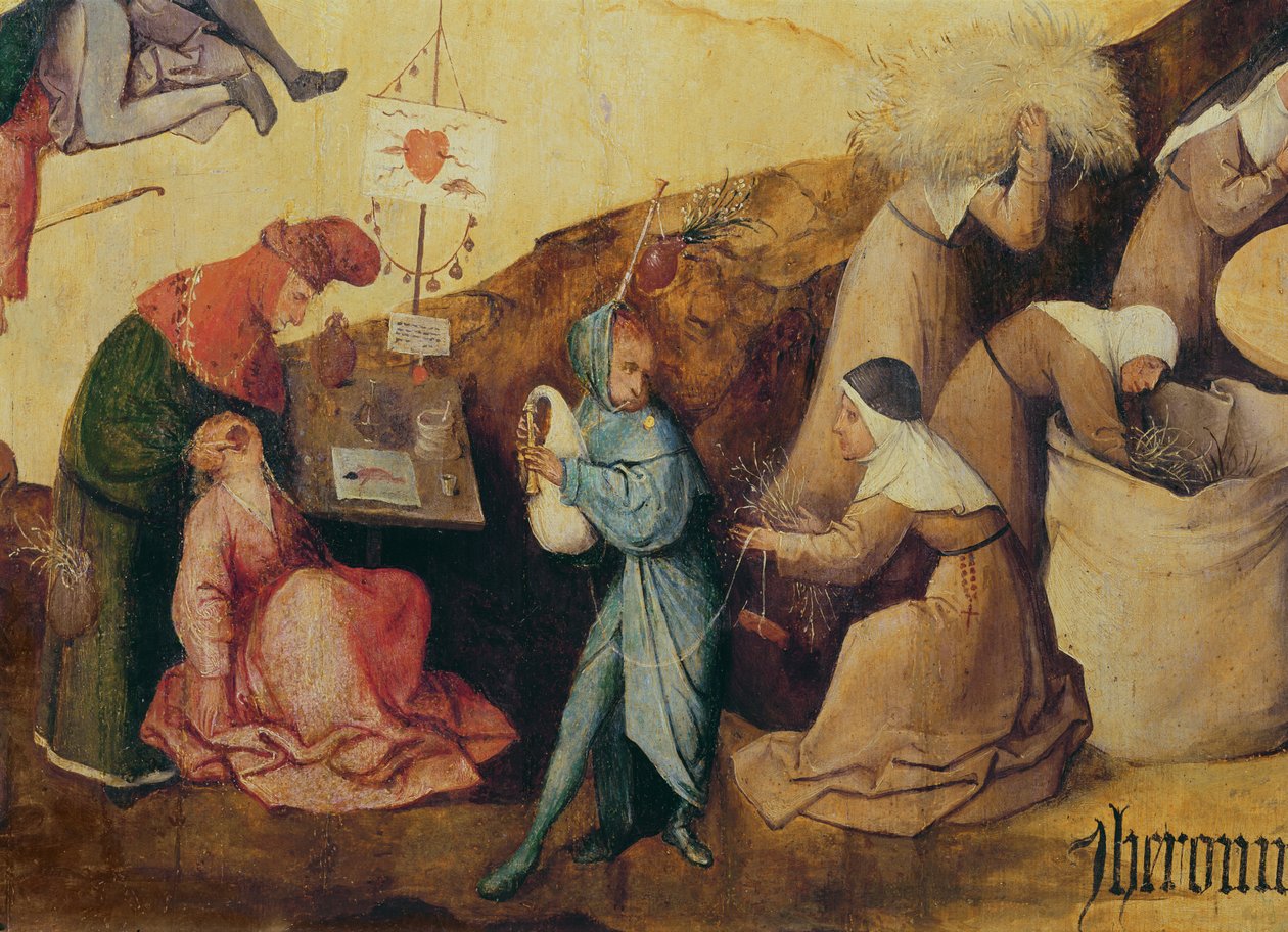 O puxador de dente, o jogador de gaita e os coletores de madeira, detalhe do painel central do Triptych de Haywain, c.1515 (detalhe de 3429) de Hieronymus Bosch
