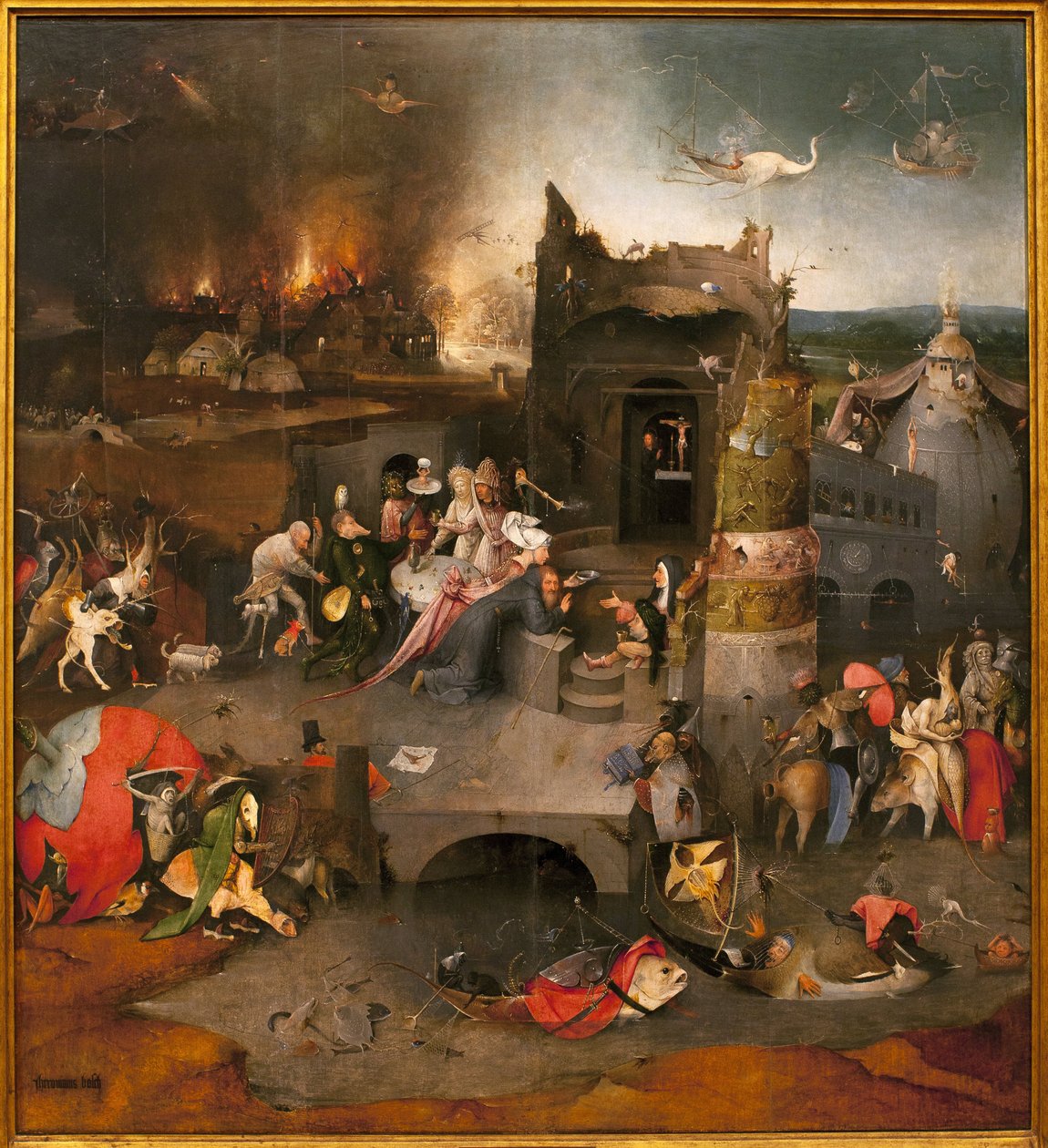 Tríptico das tentações - parte central: a tentação de Santo Antônio o Grande (ou Santo Antônio o Eremita ou Santo Antônio a Abadia. Pintura de Hieronymus Van Aeken (Aken) dit Jerome Bosch (1450-1516), óleo sobre madeira, cerca de 1500 (Tríptico do tríptico de Hieronymus Bosch